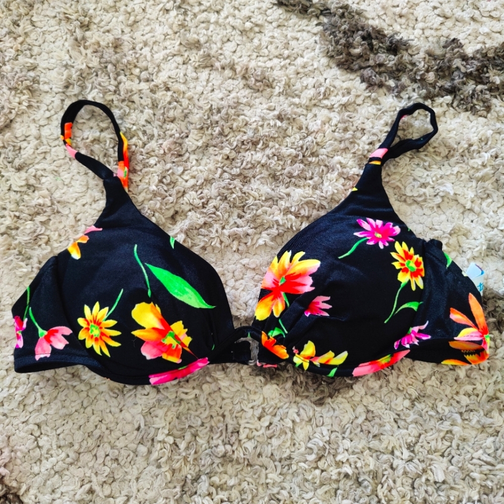 Catalina Black And Colorful Flower Bikini Top